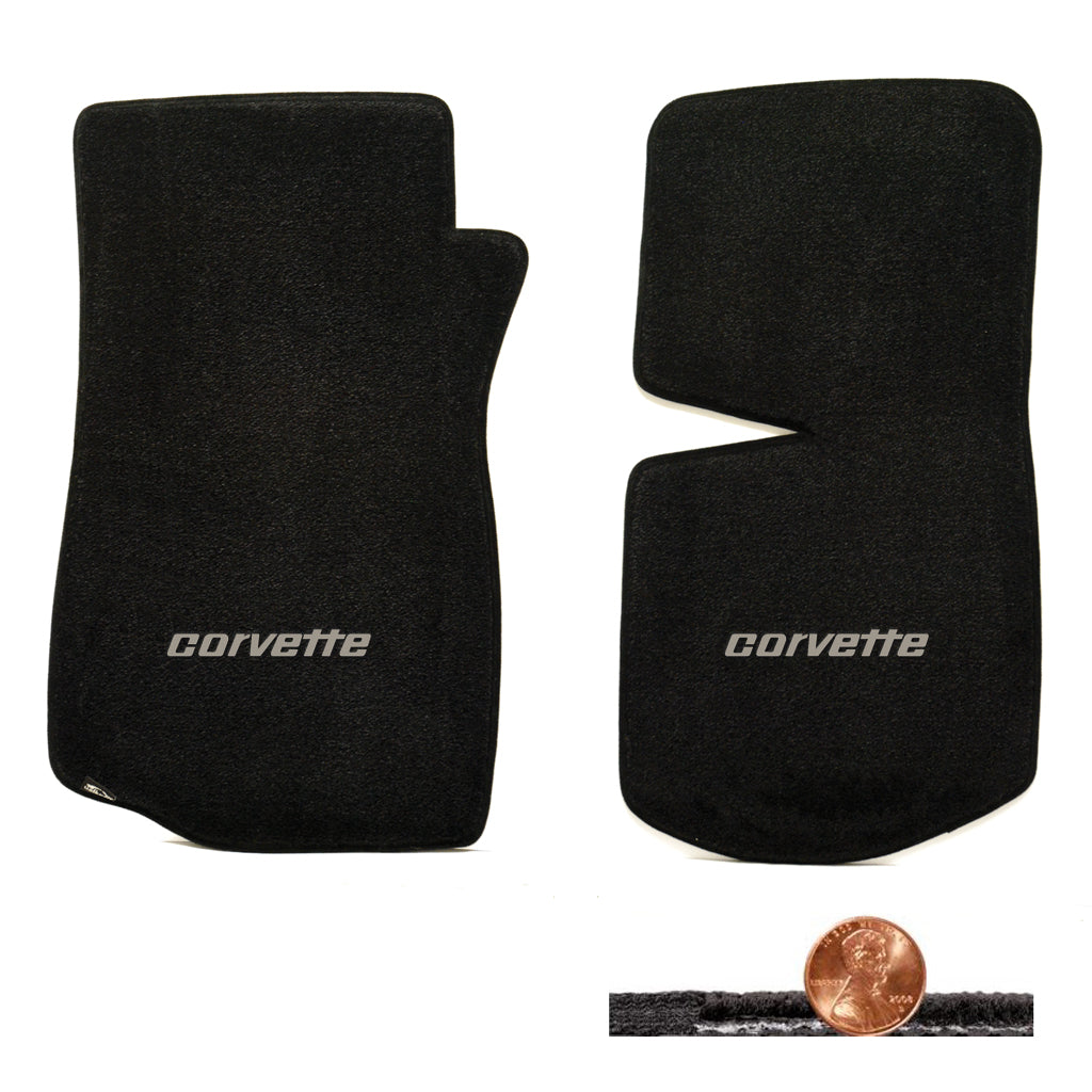 1976-1982 C3 Corvette Black 2pc Classic Loop Floor Mats - Silver CORVETTE Logo