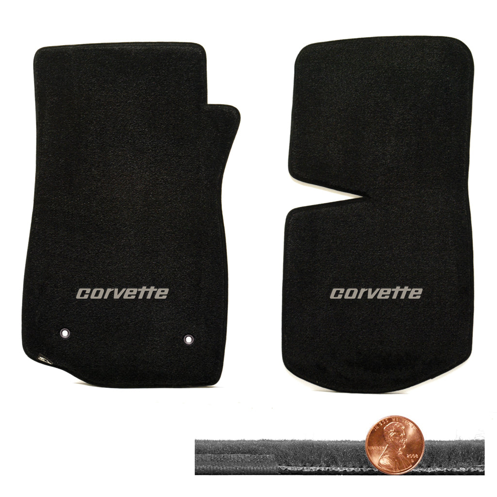 1976-1982 C3 Corvette Black 2pc Velourtex Floor Mats Set - Silver CORVETTE Logo