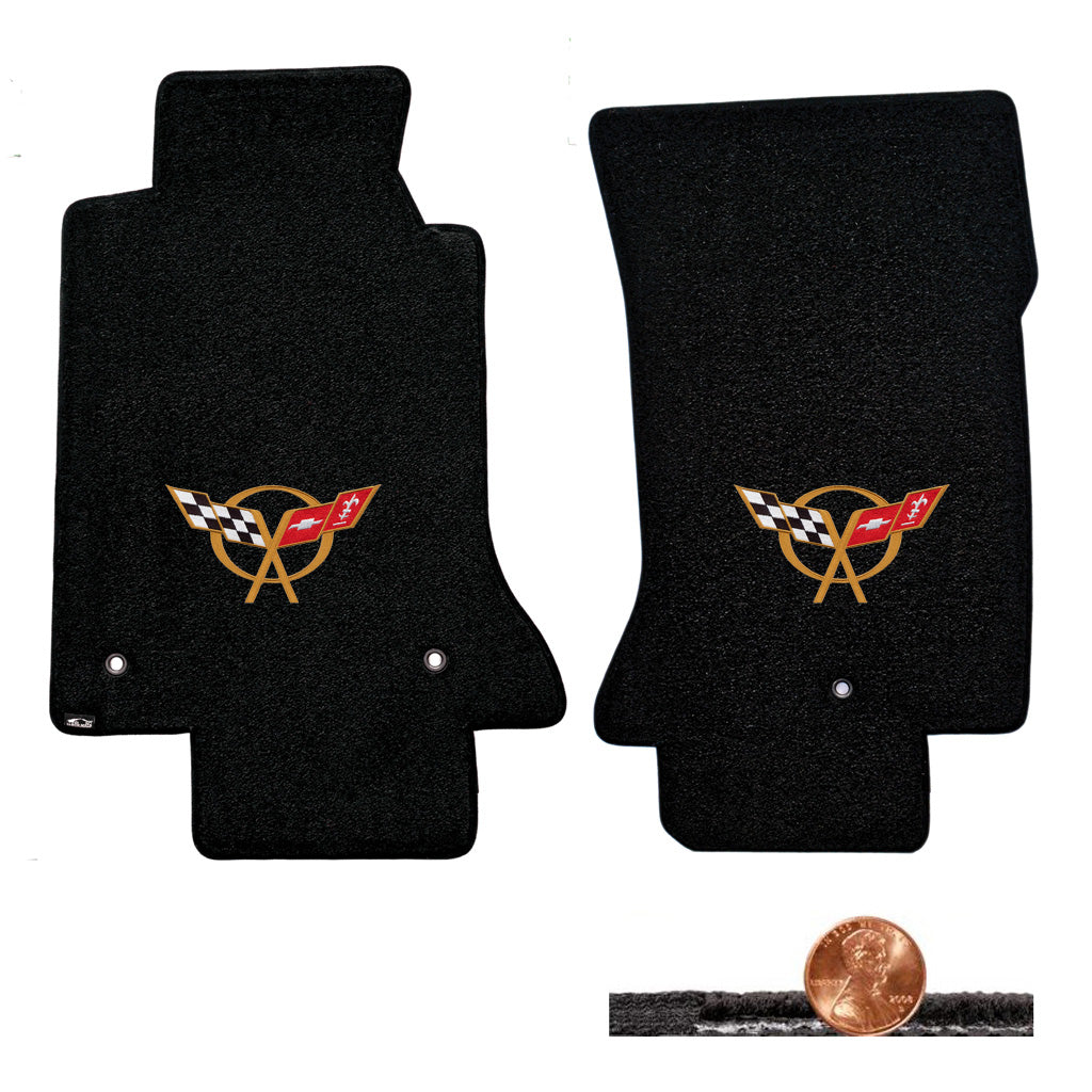 1997-2004 C5 Corvette Black 2pc Classic Loop Floor Mats Set - Gold Flags Logo