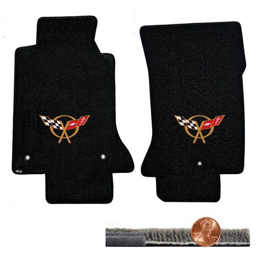 1997-2004 C5 Corvette Black 2pc Ultimat Floor Mats - Gold Crossed Flags Logos