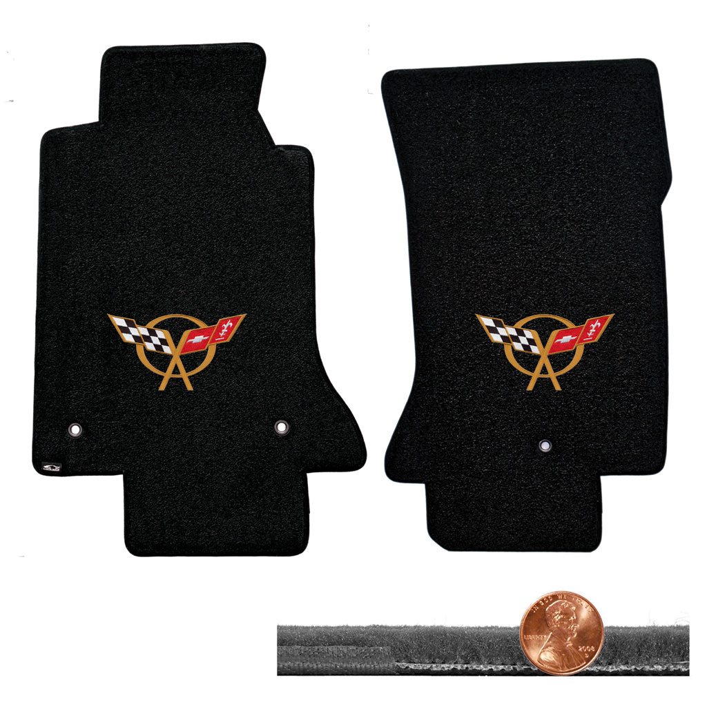 1997-2004 C5 Corvette Black 2pc Velourtex Floor Mats - Gold Crossed Flags Logos