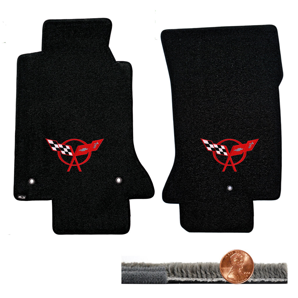 1997-2004 C5 Corvette Black 2pc Ultimat Floor Mats - Red Crossed Flags Logos