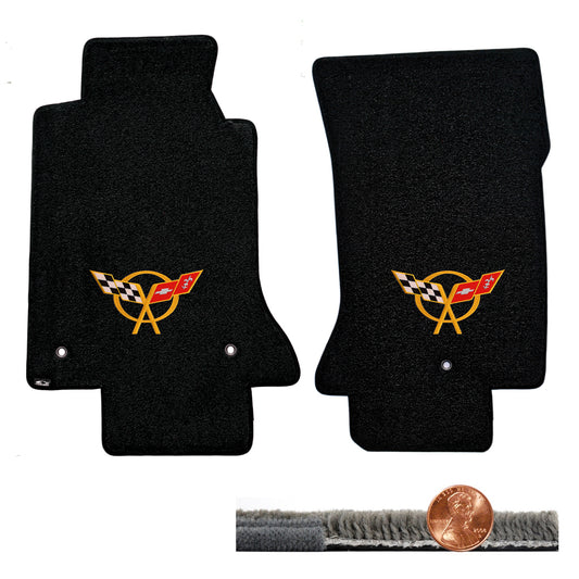 1997-2004 C5 Corvette Black 2pc Ultimat Floor Mats - Yellow Crossed Flags Logos