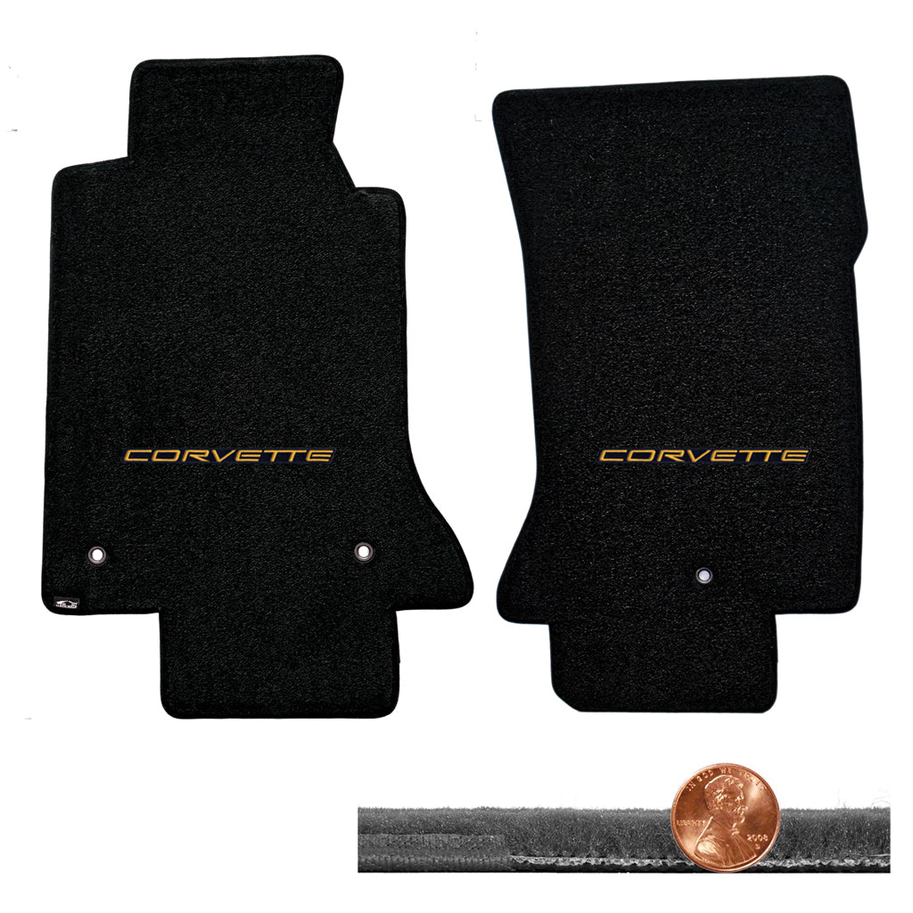 1997-2004 C5 Corvette Black 2pc Velourtex Floor Mats Set - Gold CORVETTE Logos