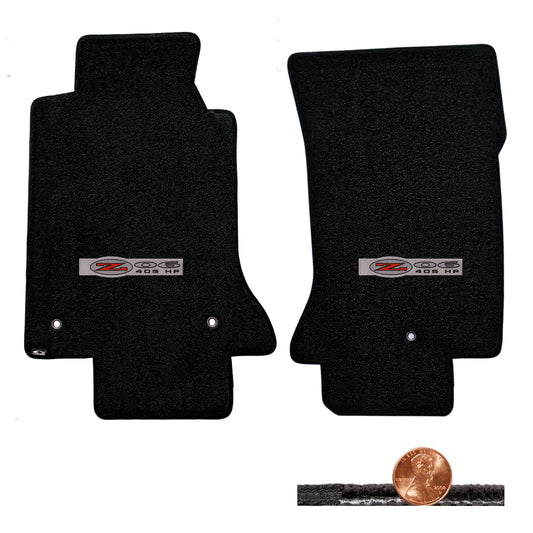 1997-2004 C5 Corvette Black 2pc Classic Loop Floor Mats - Silver Z06 405 HP Logo