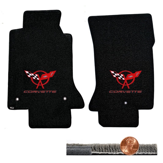 1997-2004 C5 Black 2pc Ultimat Floor Lloyd Mats Set - Red Flags & CORVETTE Logos