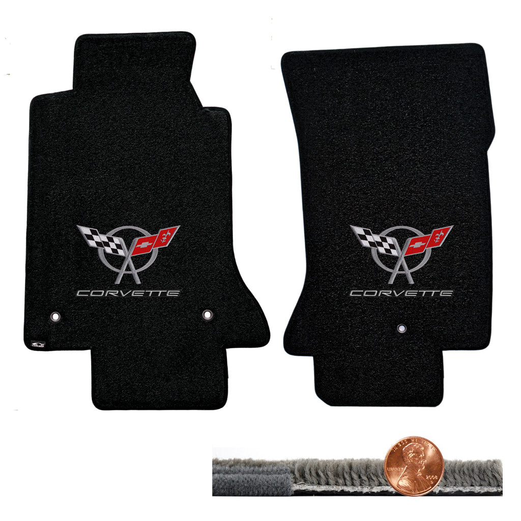 1997-2004 C5 Black 2pc Ultimat Floor Mats Set - Silver Flags & CORVETTE Logos