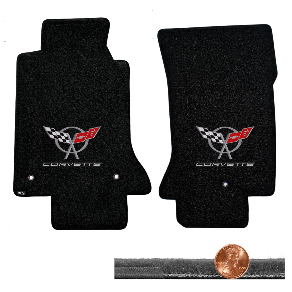 1997-2004 C5 Corvette Black Velourtex Floor Mats - Silver Flags & CORVETTE Logos