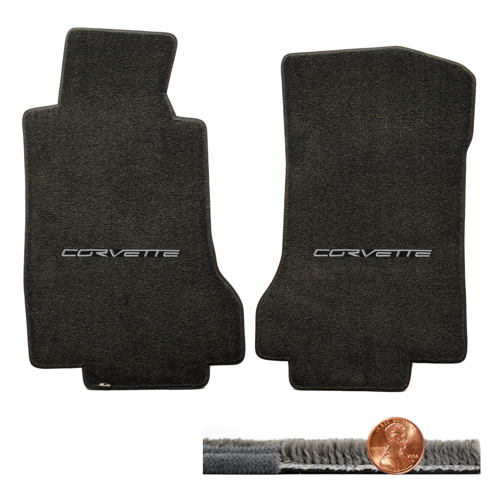 2005 2006 C6 Corvette Ebony Black 2pc Ultimat Floor Mats - Silver CORVETTE Logos