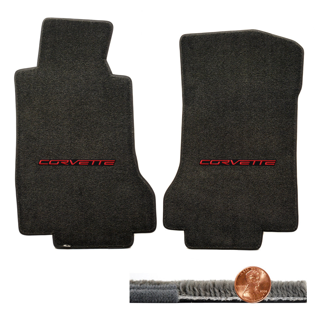 2005 2006 C6 Corvette Ebony Black 2pc Ultimat Floor Mats - Red CORVETTE Logos