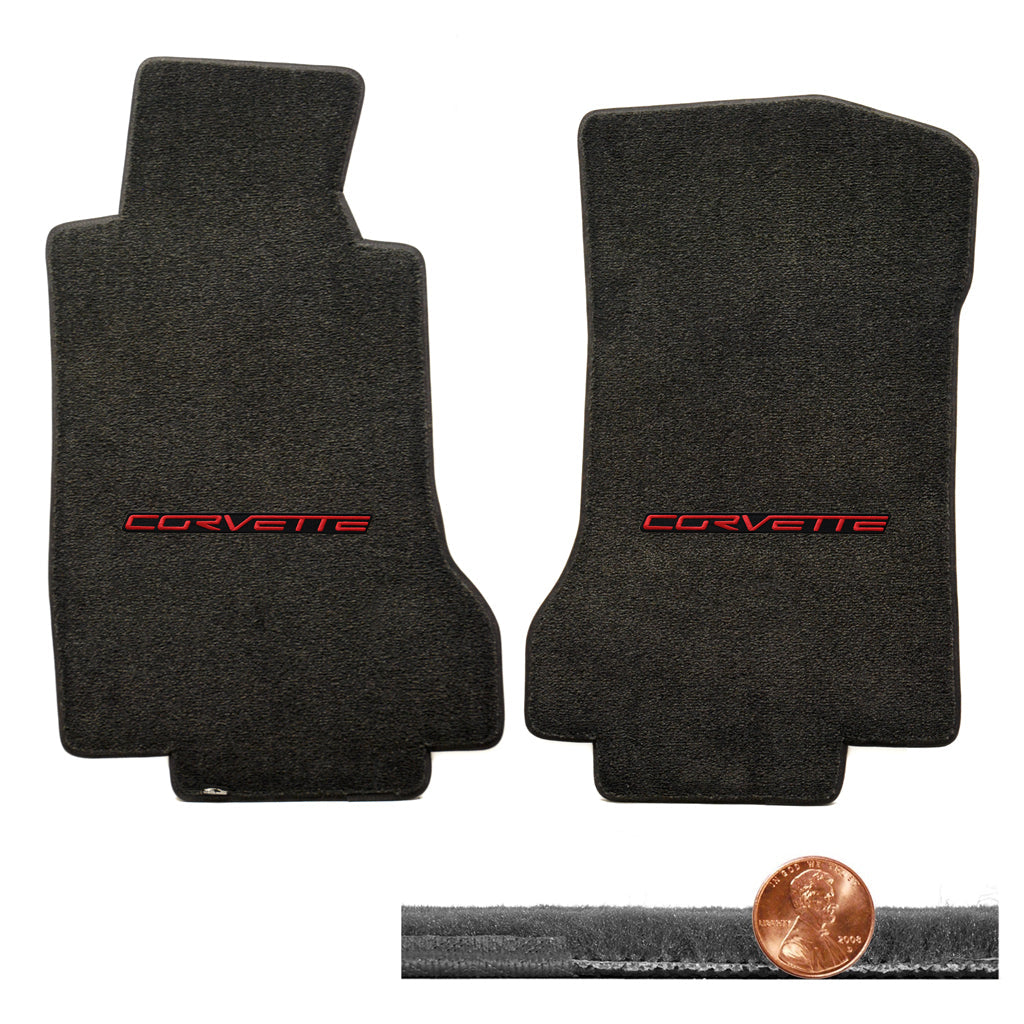 2005 2006 C6 Corvette Ebony Black 2pc Velourtex Floor Mats - Red CORVETTE Logos