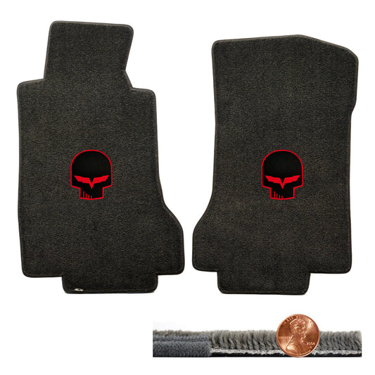 2005 2006 C6 Corvette Ebony Black Ultimat Floor Mats Set - Red Jake Skull Logos