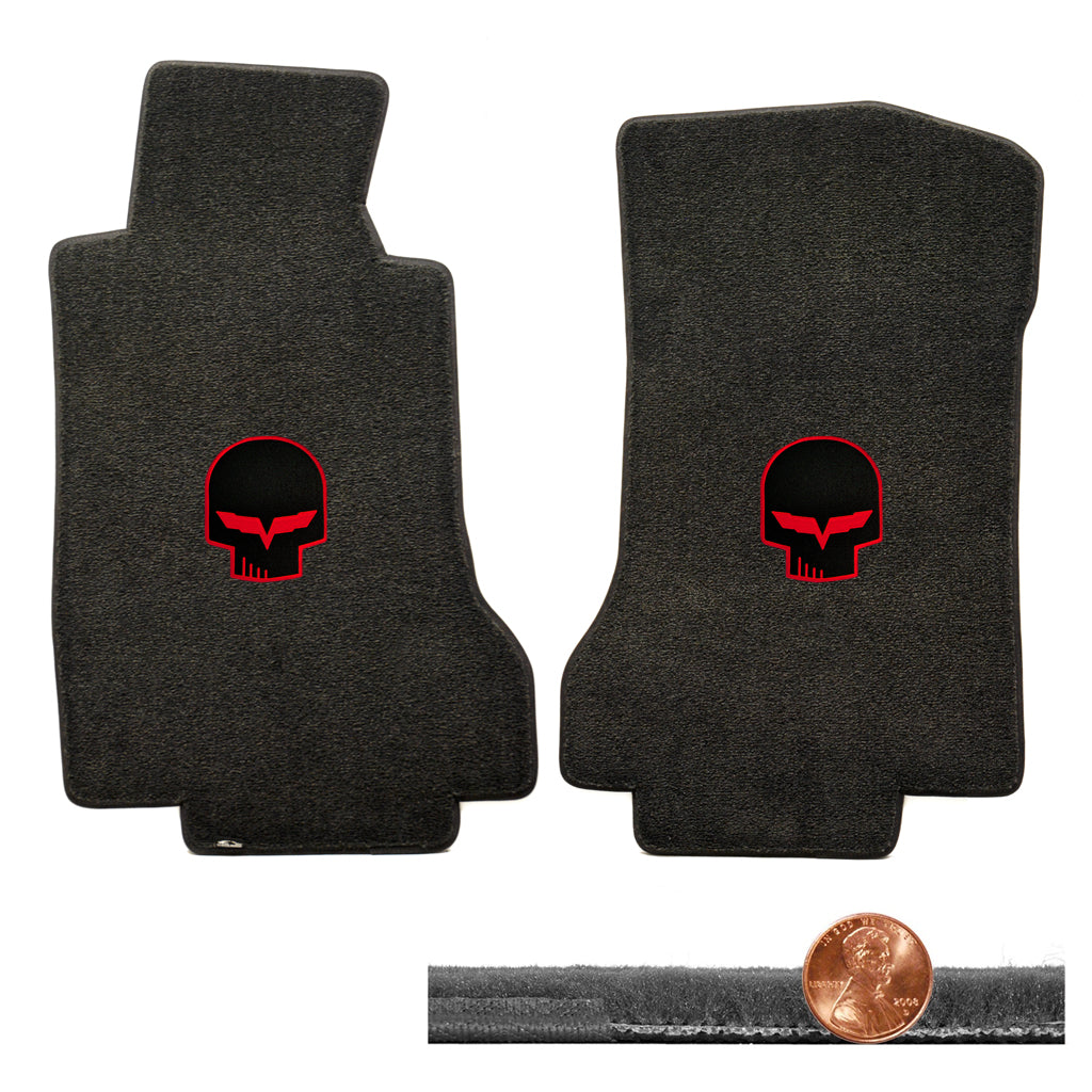 2005 2006 C6 Corvette Ebony Black Velourtex Floor Mats - Red Jake Skull Logos