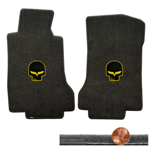 2005 2006 C6 Corvette Ebony Black Velourtex Floor Mats - Yellow Jake Skull Logos