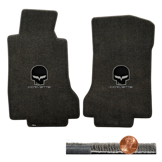 2005 2006 C6 Ebony Black Ultimat Floor Mats - Silver Jake Skull & CORVETTE Logos