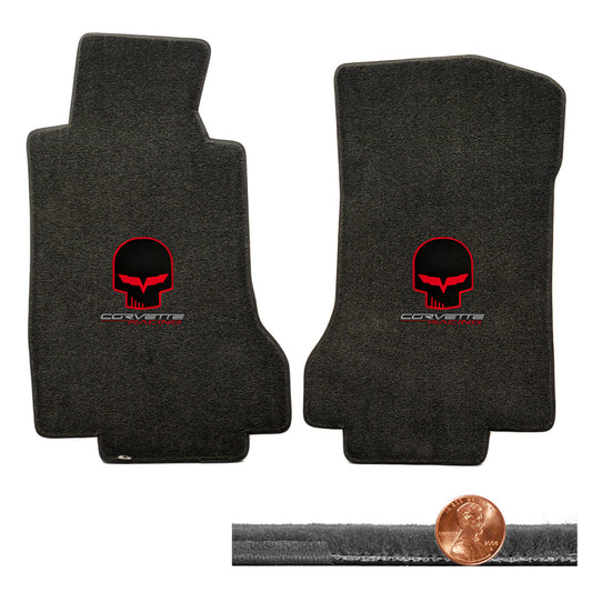 2005 2006 C6 Ebony Black Velourtex Floor Mats - Red Jake Skull & Racing Logos