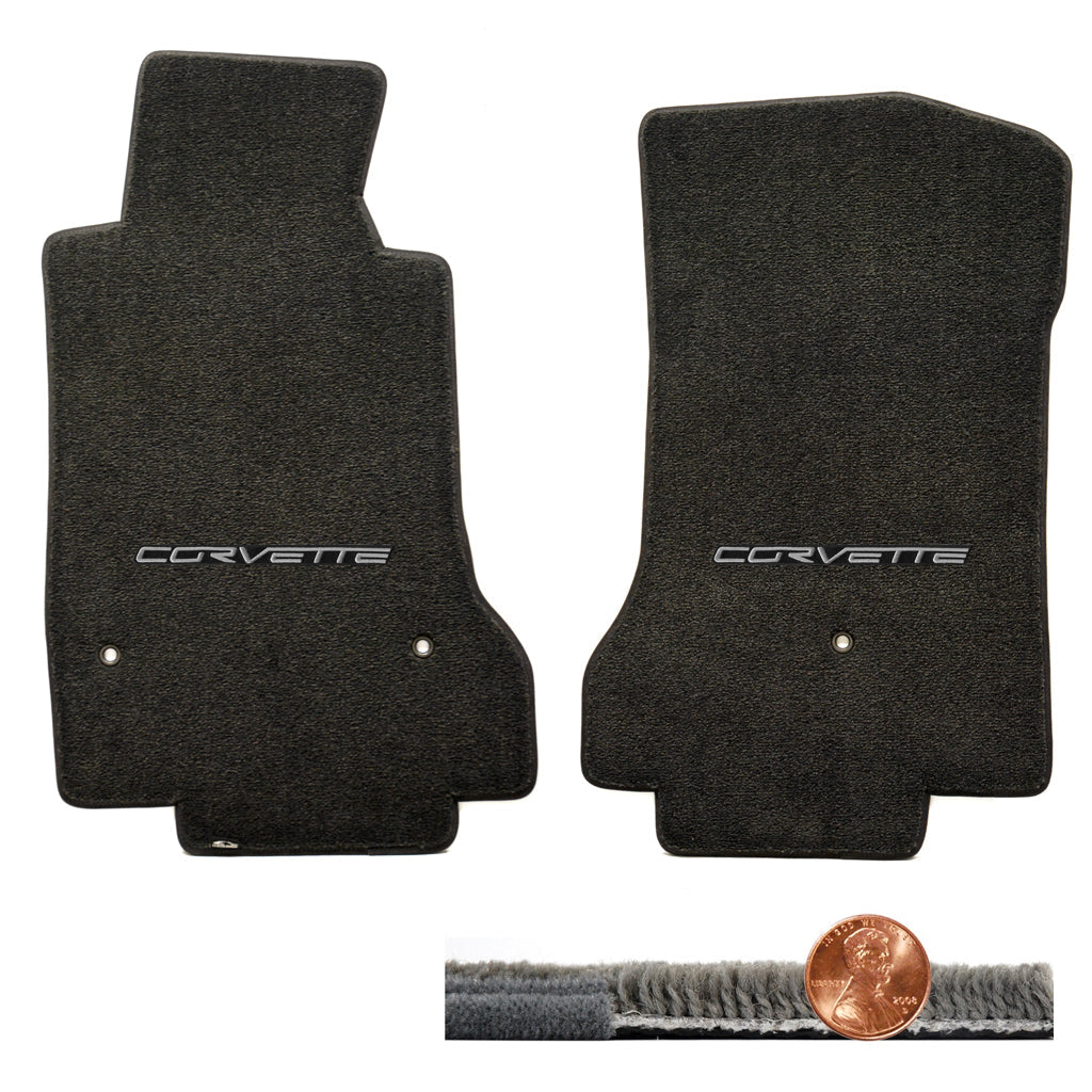 2008-2012 C6 Corvette Ebony Black 2pc Ultimat Floor Mats - Silver CORVETTE Logos