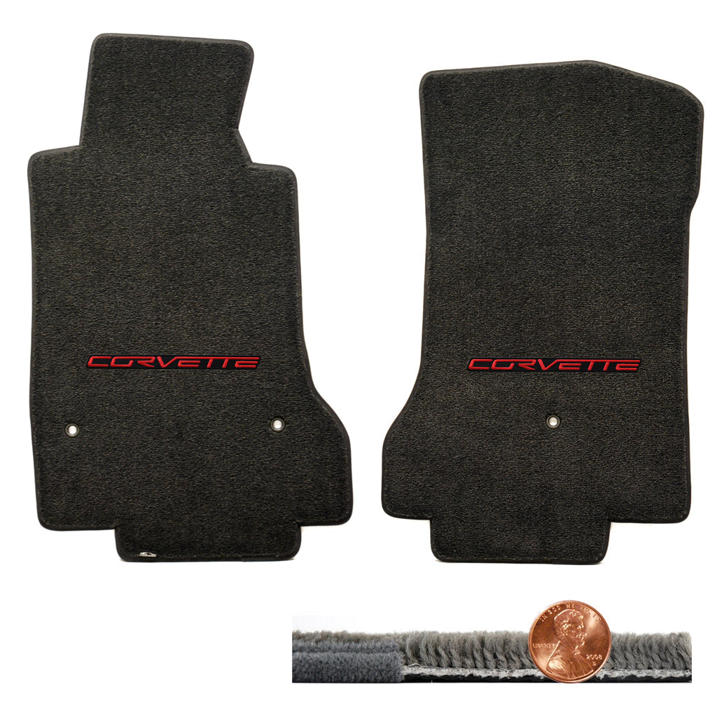 2008-2012 C6 Corvette Ebony Black 2pc Ultimat Floor Mats - Red CORVETTE Logos