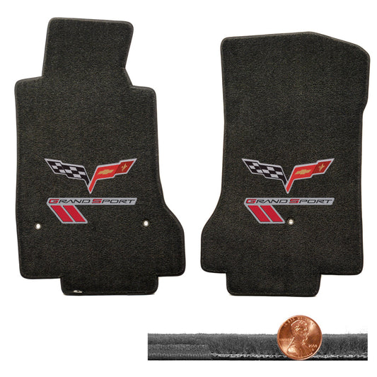 2008-12 C6 Corvette Ebony Black Velourtex Floor Mats - Flags & Grand Sport Logos