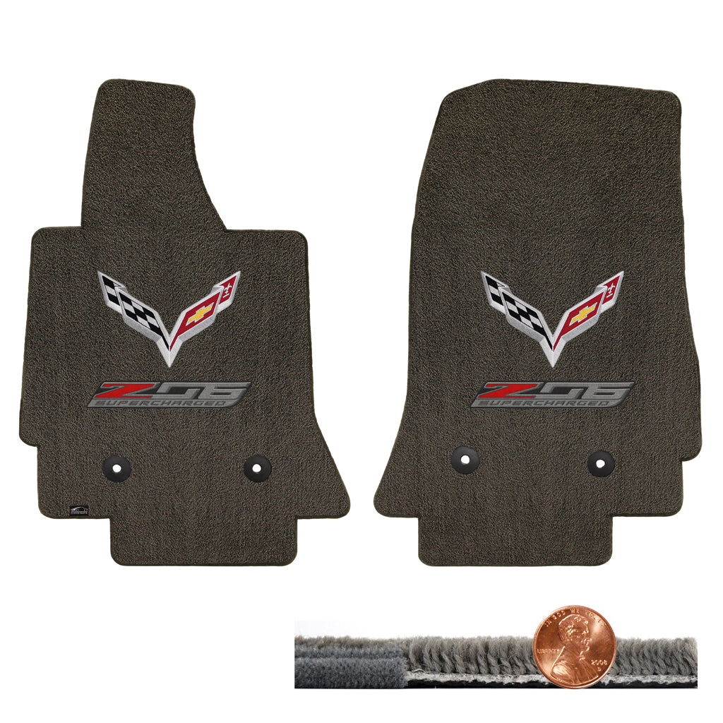 C7 Corvette Brownstone Brown 2pc Ultimat Floor Mats - Crossed Flags & Z06 Logos