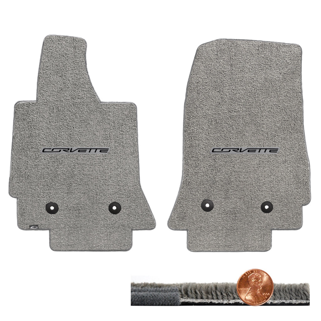 2014-2019 C7 Corvette Gray Grey 2pc Ultimat Front Floor Mats - CORVETTE Logos