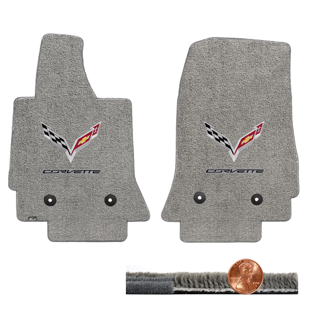 2015-2019 C7 Gray Grey 2pc Ultimat Front Floor Mats Set - Flags & CORVETTE Logos