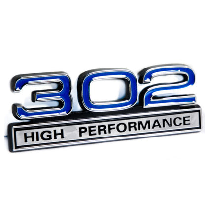 5.0L 302 High Performance Fender Emblem in Chrome & Blue - Mustang 4" x 1.5"