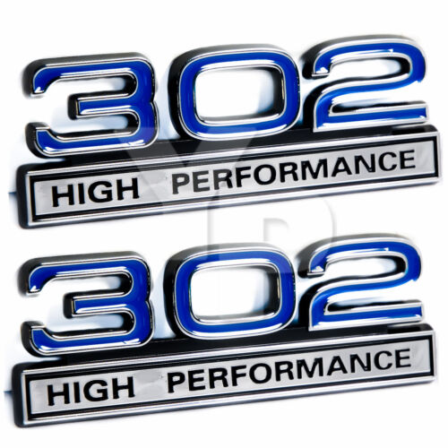 302 5.0L Engine High Performance Engine Emblems in Blue & Chrome - 4" Long Pair