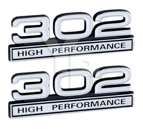302 5.0L Engine High Performance Engine Emblems in White & Chrome - 4" Long Pair