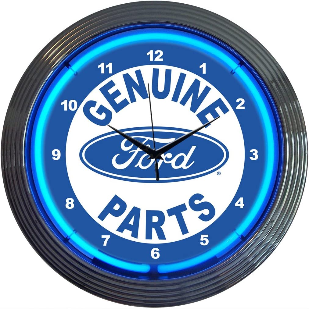 Genuine Ford Parts Garage Man Cave Wall Clock Chrome Trim w/ Blue Neon Light