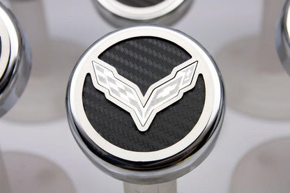 2014-2019 Chevy C7 Corvette Fluid Cap Covers Crossed Flags & Carbon Fiber Inlays