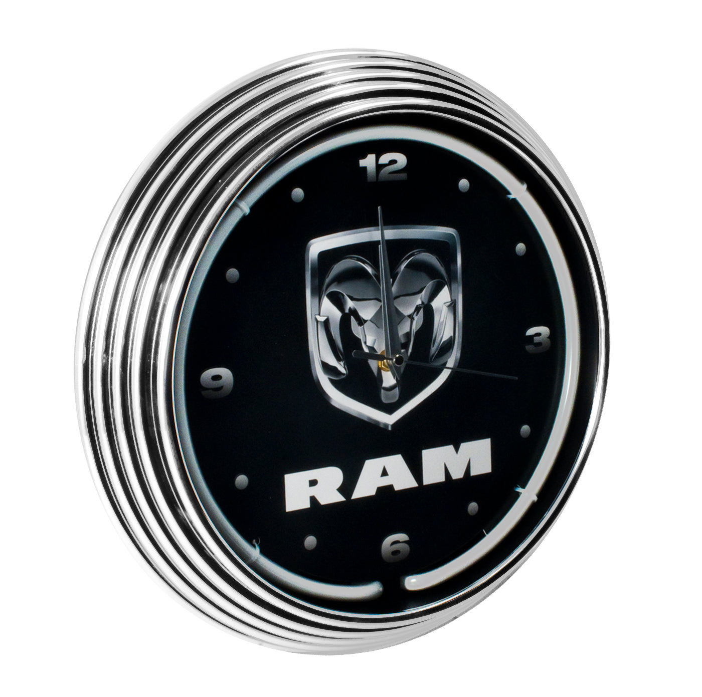 Dodge Ram White Neon Light Up Lighted Garage Wall Clock - Black & Chrome Trim