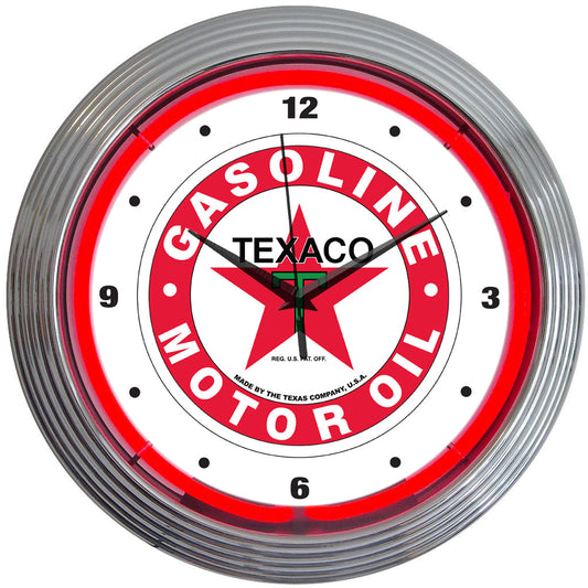 Texaco Gasoline Motor Oil Red Light Up Neon Garage Man Cave Wall Clock