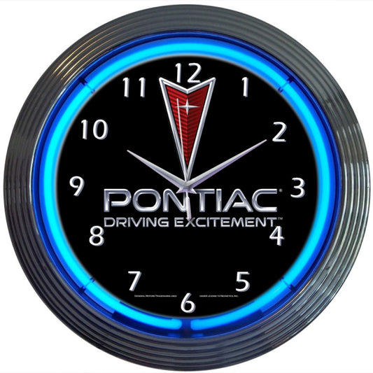 Pontiac Driving Excitement Blue Light Up Neon Garage Man Cave Wall Clock