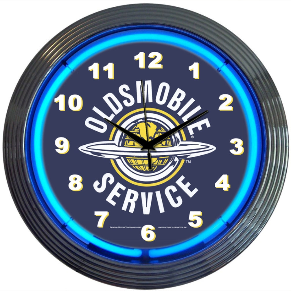 Oldsmobile Service Blue Light Up Neon Garage Man Cave Wall Clock