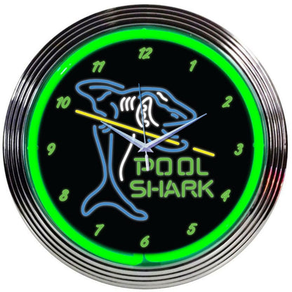 Pool Shark Billiards Green Neon Light Up Garage Man Cave Wall Clock