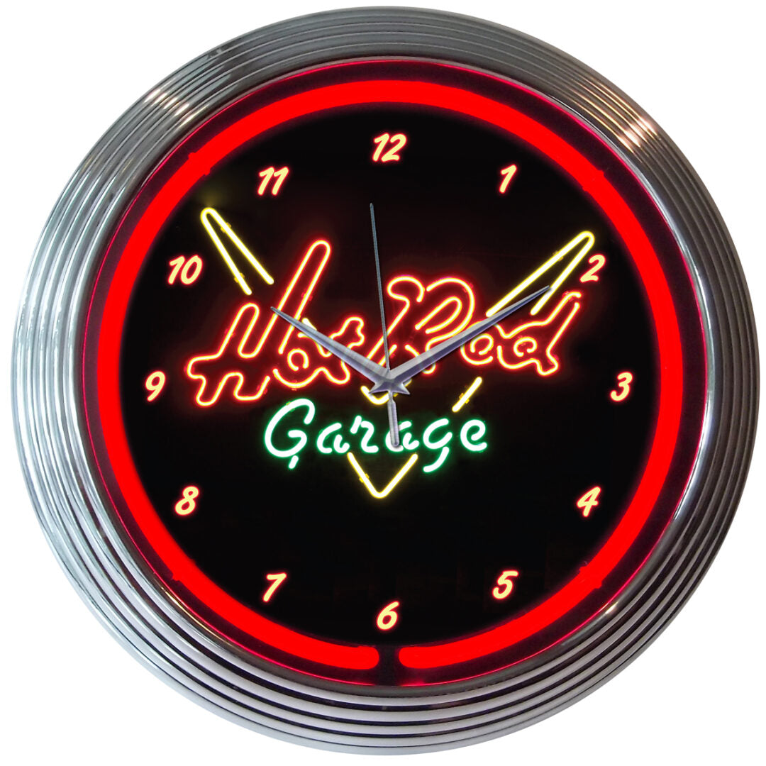 Hot Rod Garage Red Neon Light Up Man Cave Wall Sign Clock