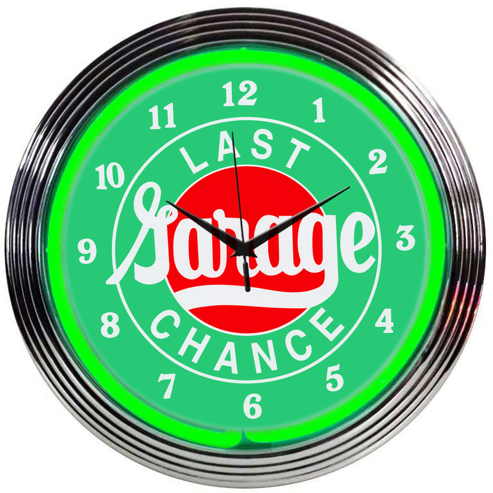 Last Chance Garage Neon Light Up Man Cave Wall Clock