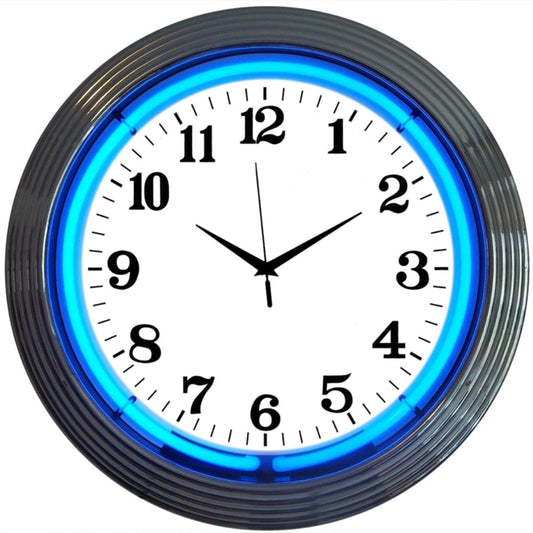 Chrome & Blue Neon Light Up Garage Man Cave Wall Clock