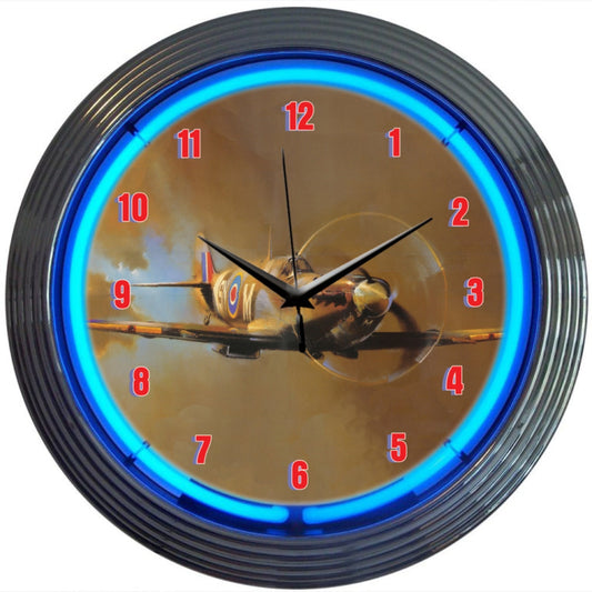 Spit Fire Supermarine WWII Blue Neon Light Up Garage Man Cave Wall Clock