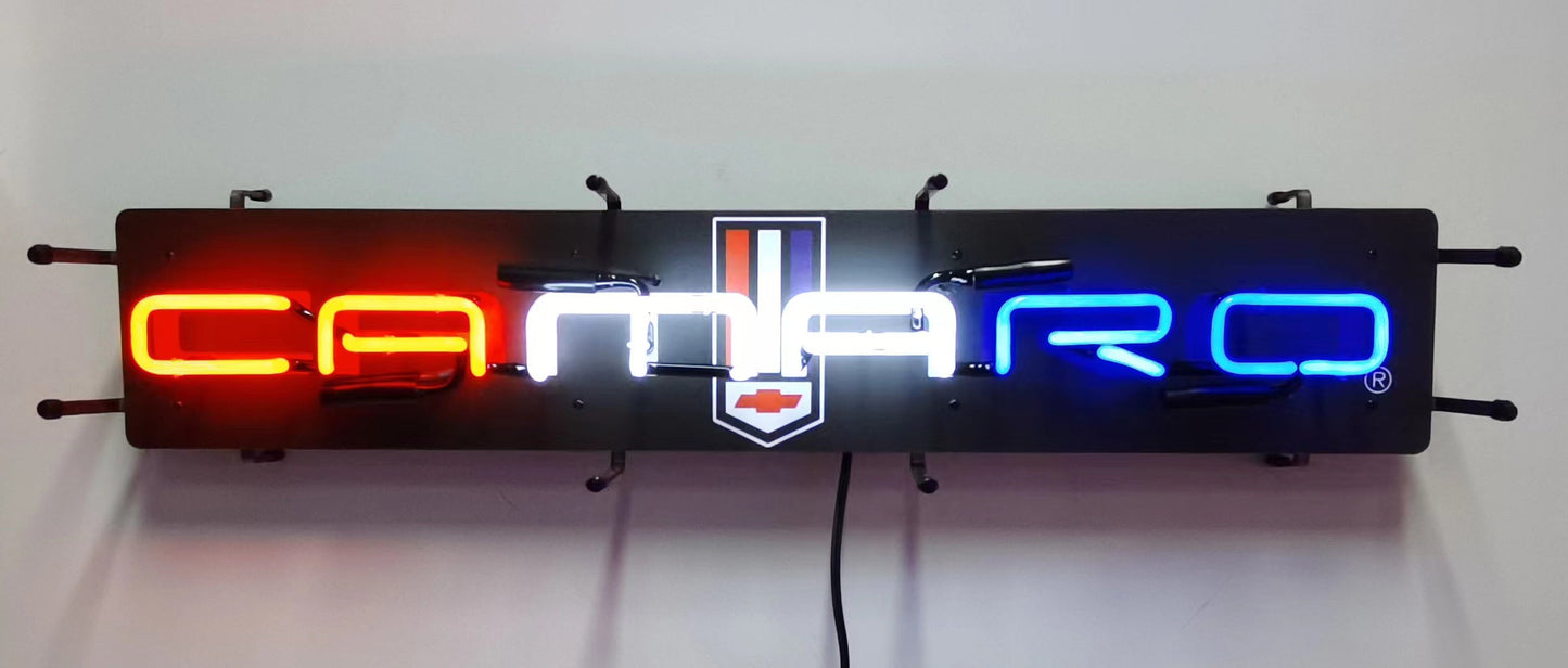 Chevy Camaro Neon Red, White, & Blue Light Up Garage Wall Sign 36" x 7"