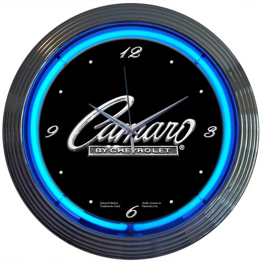 Camaro By Chevrolet Script Neon Wall Clock Black & Chrome w/ Blue Illumination