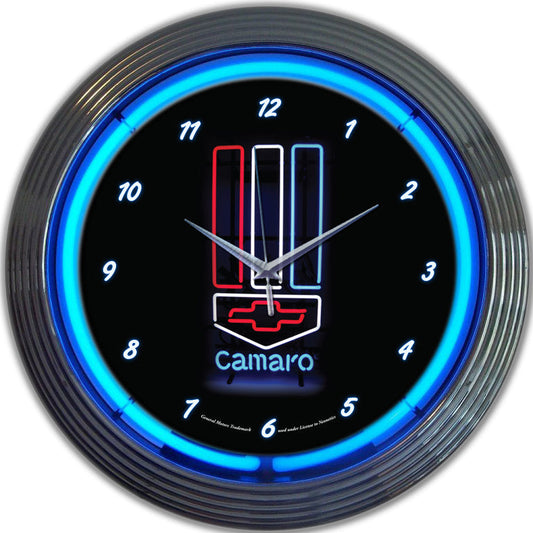 Camaro Red White & Blue Neon Wall Clock Black & Chrome w/ Blue Illumination