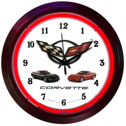 C5 Corvette White & Chrome Wall Clock with Crossed Flags Logo & Red Neon Light