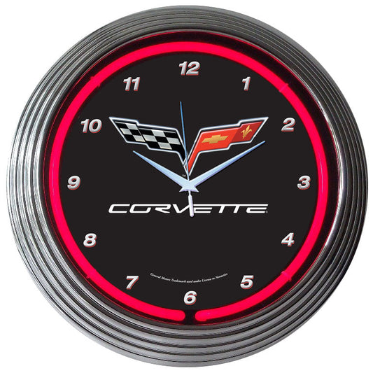 C6 Corvette Black & Chrome Wall Clock - Crossed Flags Logo & Red Neon Light