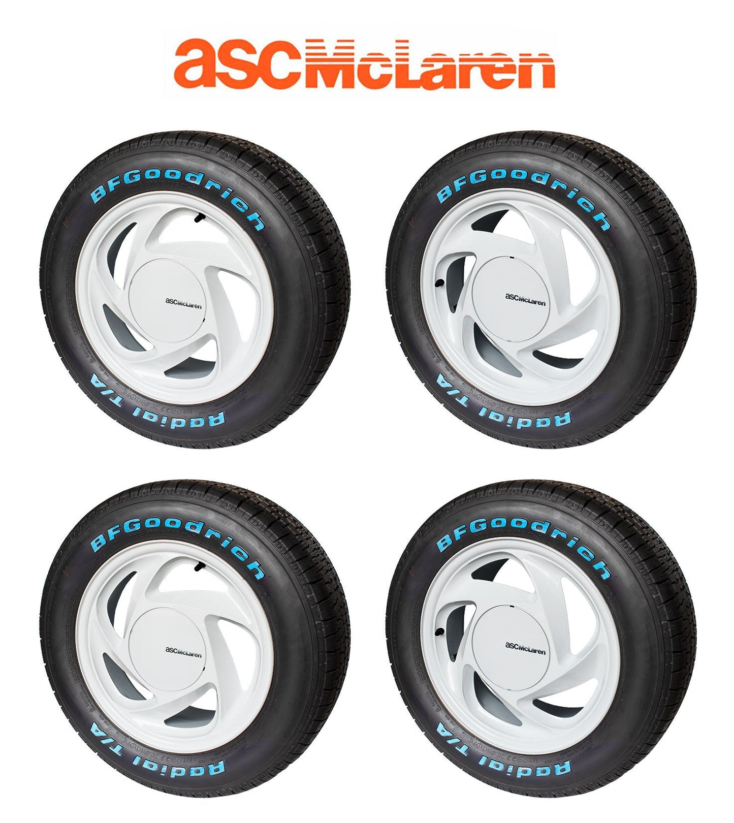 1989-1990 ASC McLaren Mustang OEM White Wheels & Tires w/ Center Caps Set of 4