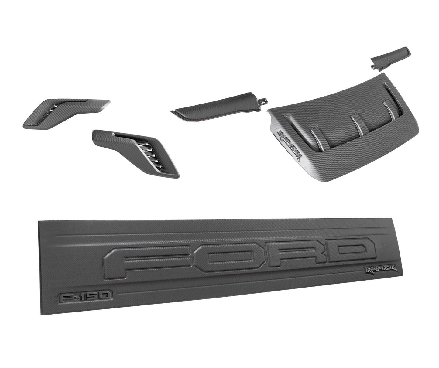 2021-2024 Ford F-150 Raptor OEM Real Carbon Fiber Rear Tailgate, Hood Vent & Fender Side Vents - Matte Finish