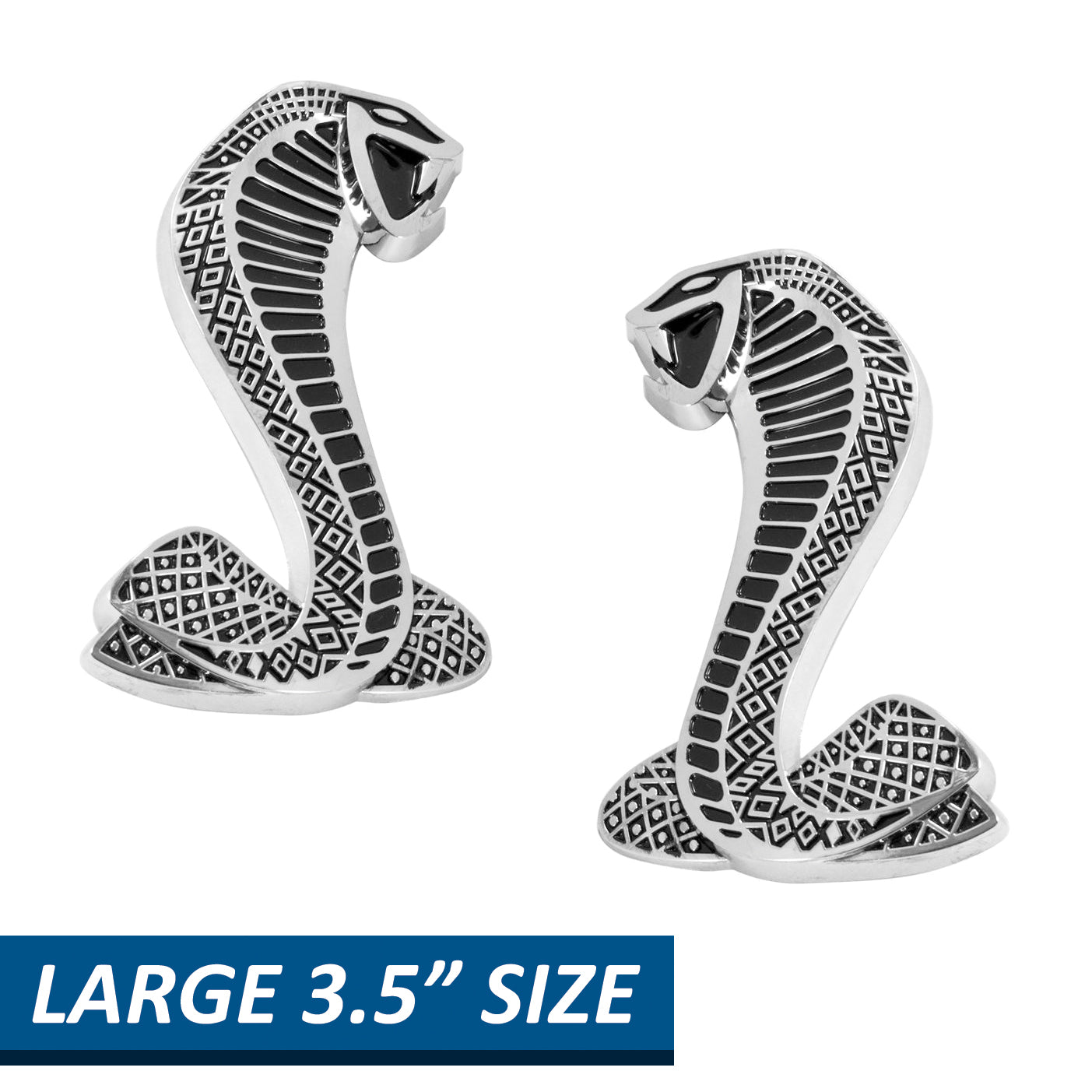 Ford Mustang LARGER 3 1/2" Cobra Snake Fender Side Emblems Black & Chrome Pair