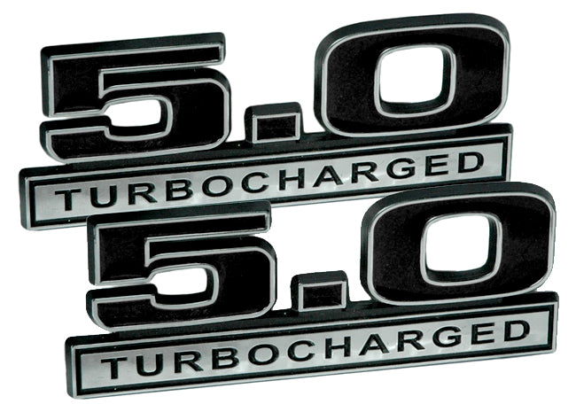 Pair of 5.0 Liter 302 Turbocharged Emblems Black & Chrome - For Cummins & Ford