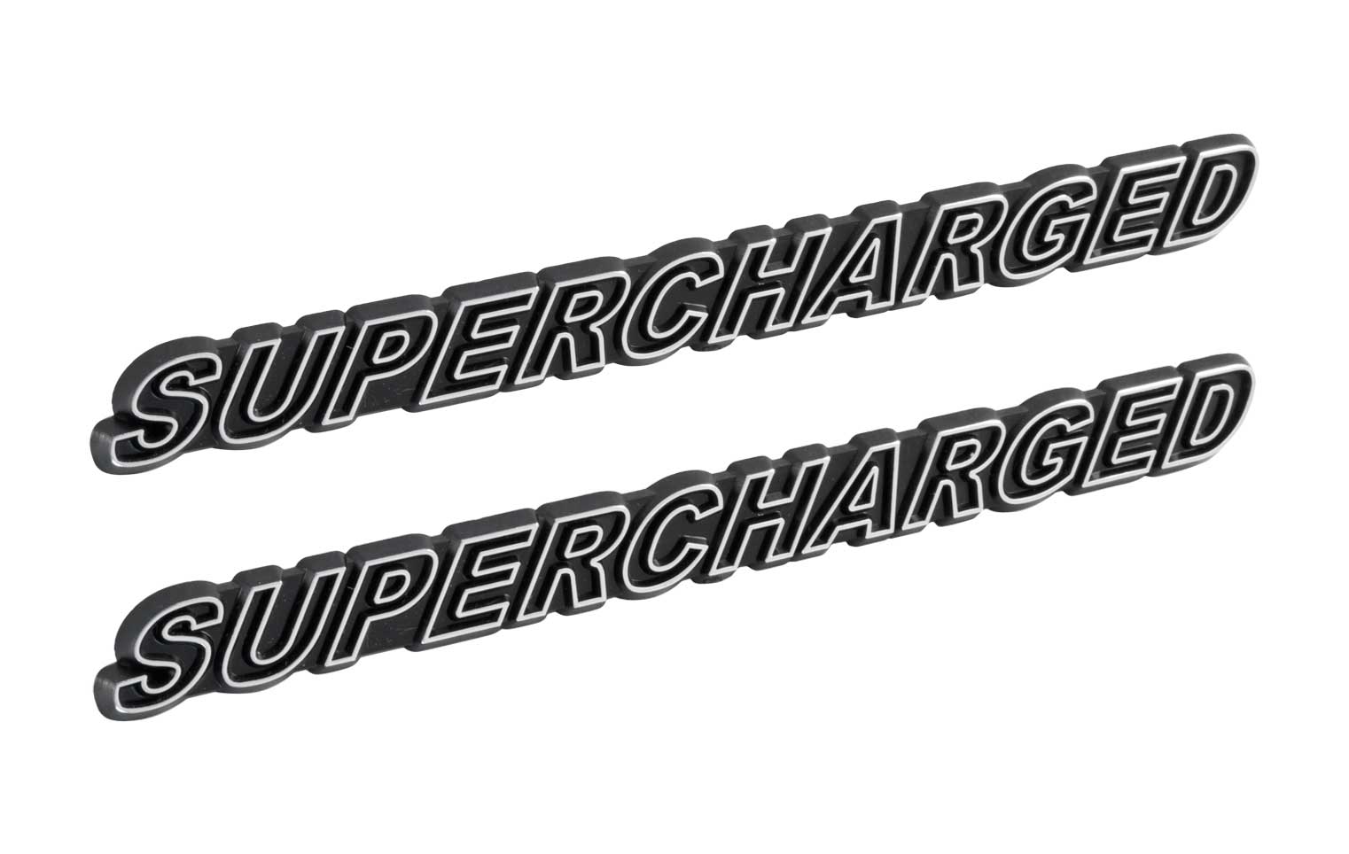 Supercharged Engine Emblems Badges Logos Chrome Trimmed & Black - 5" Long Pair